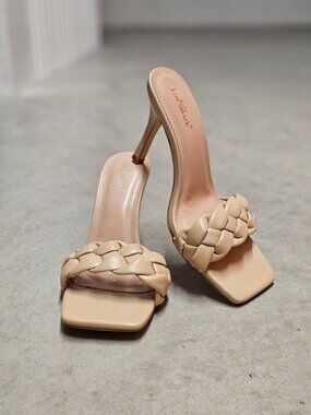 Braided Strap Square-Toe High-Heel Sandals In Nude